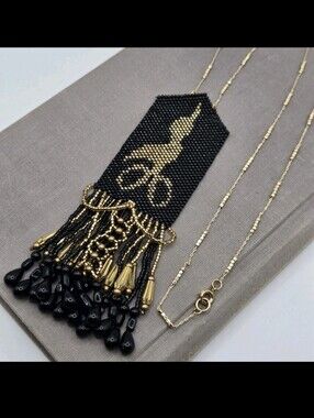 Art Deco Revival Black Gold Beaded Flapper Sautoir Necklace Stork Scissors